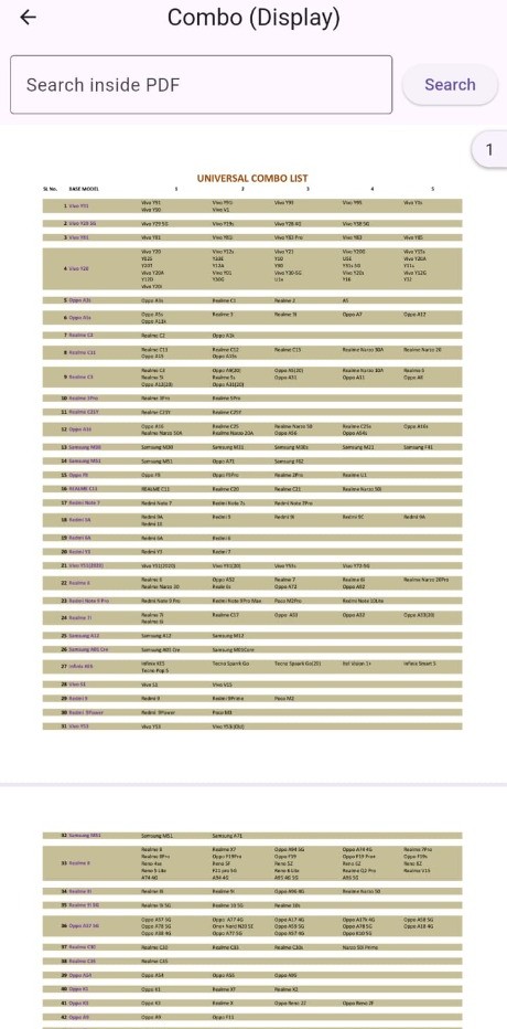 Combo Matching PDF universal list Screen